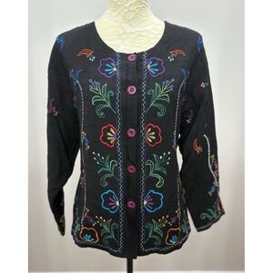 Vtg Life Styles Small Silk Blend Black Jacket Top Embroidered Floral Arty Boho